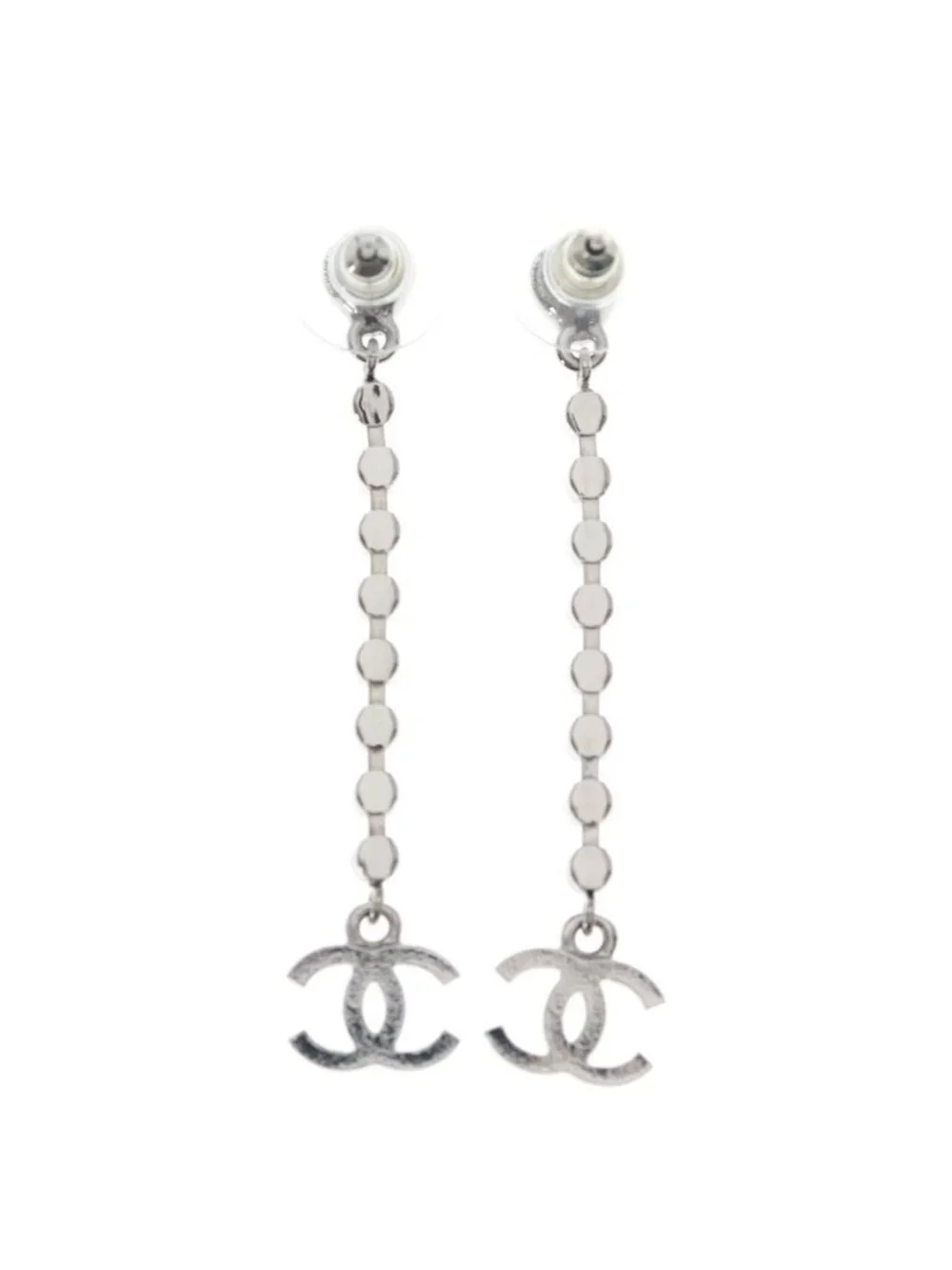 Chanel CC Logo Heart Rhinestone Drop Earrings Silver